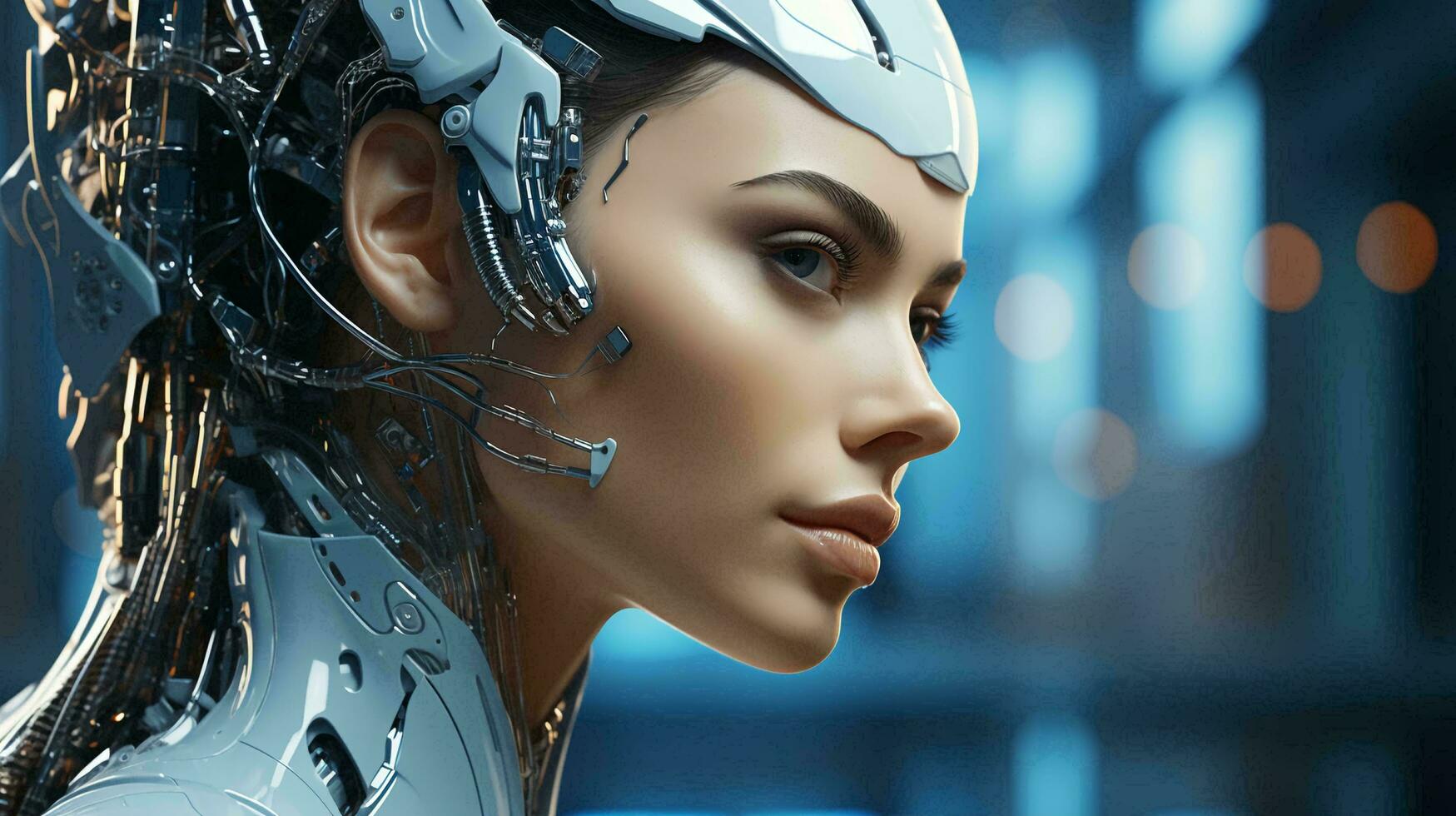 Connection of human woman and artificial intelligence robot. The concept of merging a person and a computer with neural networks in the future. AI generated photo