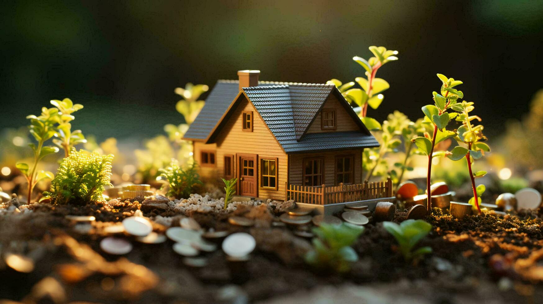 A small model of a toy country house stands on money coins against the backdrop of nature. The concept of real estate outside the city in a mortgage, a loan for housing. AI generated photo