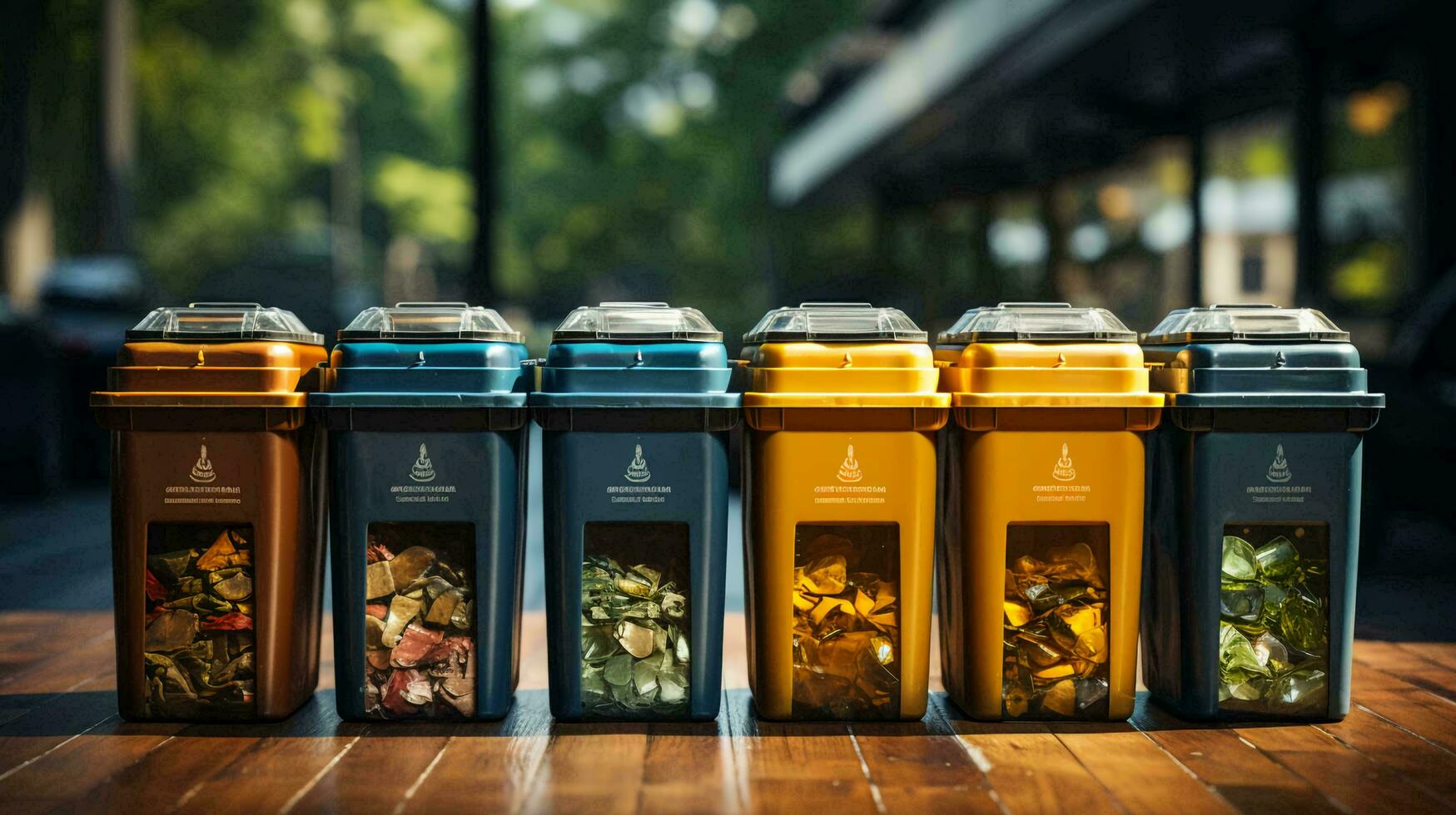 Multi-colored garbage containers. The concept of recycling, separate waste collection to improve the environment. AI generated photo