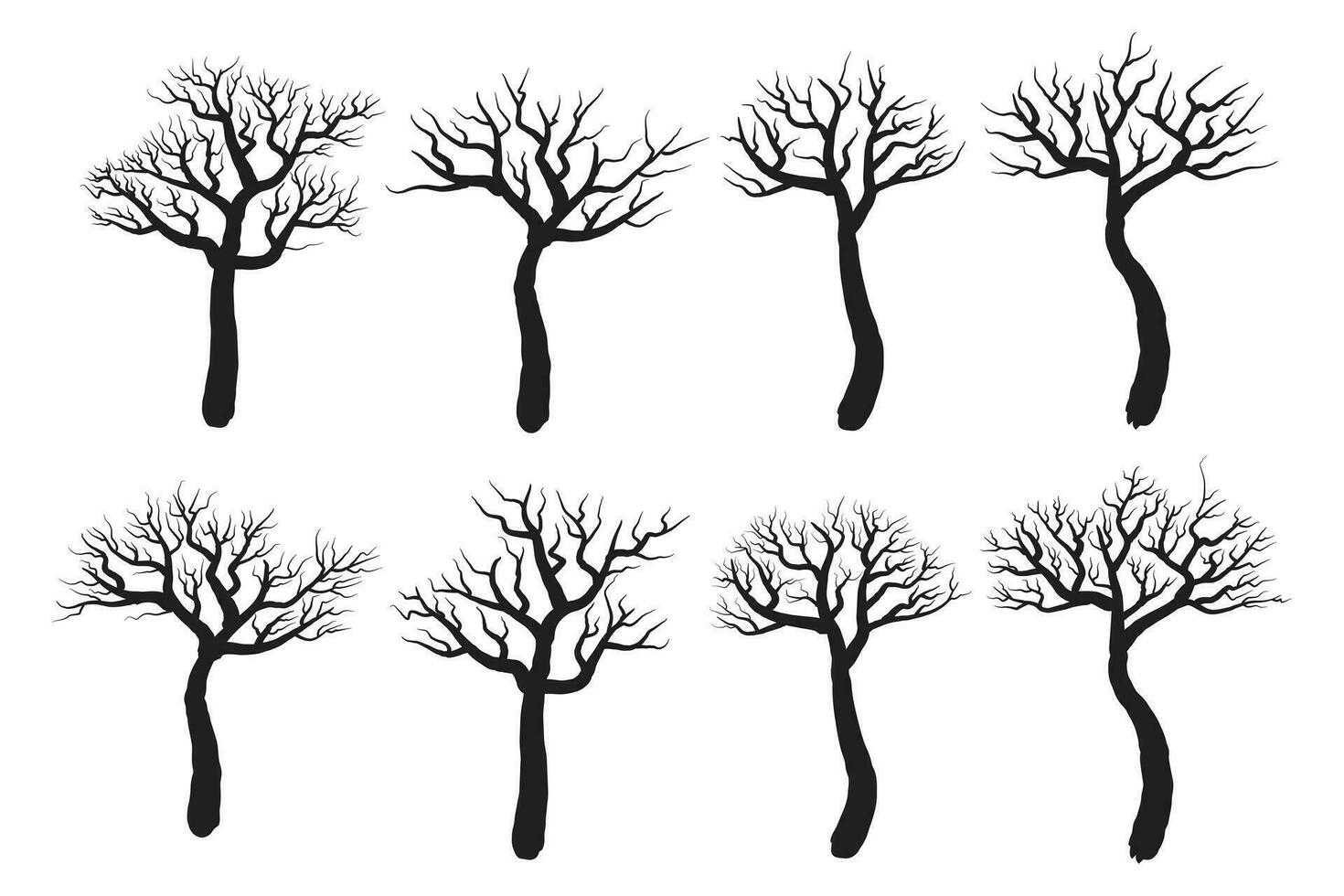 set of hand drawn Halloween dry, dead, spooky, scary tree vector silhouette, Halloween creepy old dry No leaves svg clipart, Winter Naked Black Branch bare branches trees silhouettes vector elements