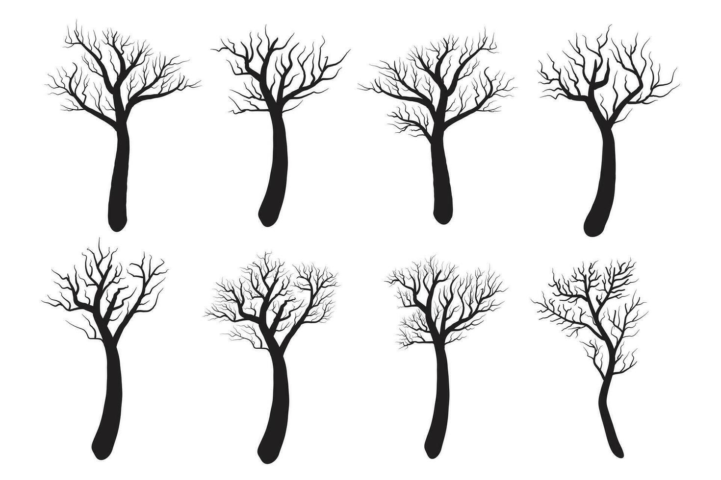 set of hand drawn Halloween dry, dead, spooky, scary tree vector silhouette, Halloween creepy old dry No leaves svg clipart, Winter Naked Black Branch bare branches trees silhouettes vector elements