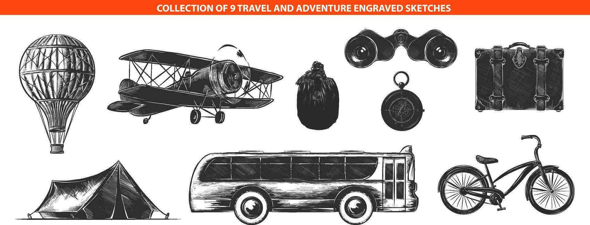 Vector engraved style adventure and travel collection for posters, decoration and print, logo. Hand drawn sketches of monochrome isolated on white background. Detailed vintage woodcut style drawing.