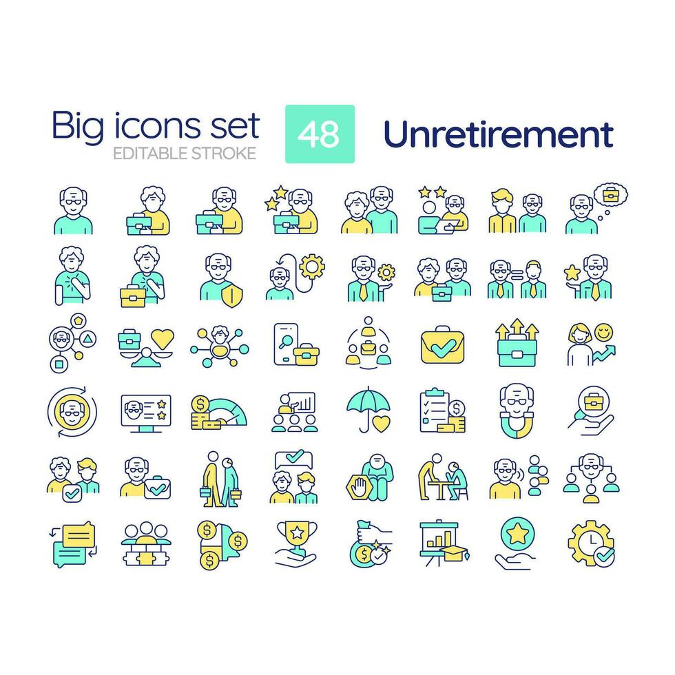 2D editable multicolor big line icons set representing unretirement, isolated vector, linear illustration. vector