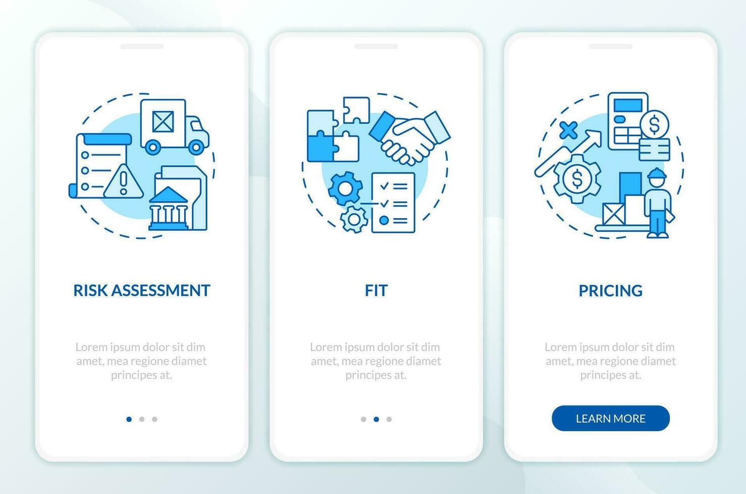 2D icons representing vendor management mobile app screen set. Walkthrough 3 steps blue graphic instructions with line icons concept, UI, UX, GUI template. vector