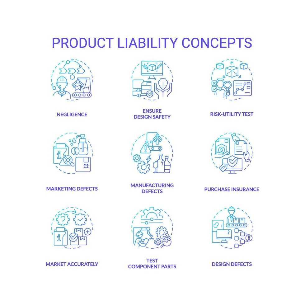 2D gradient icons set representing product liability concepts, isolated vector, thin line blue illustration. vector