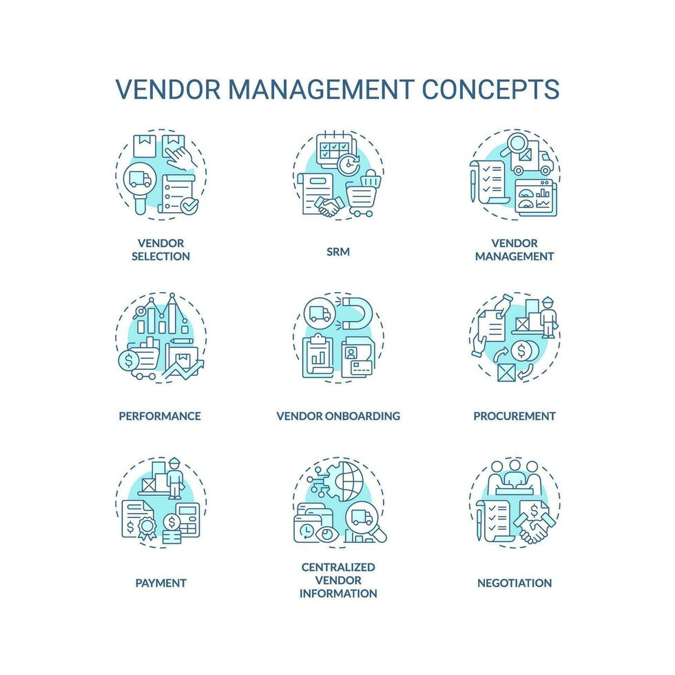 2D editable icons set representing vendor management concepts, isolated vector, thin line blue illustration. vector