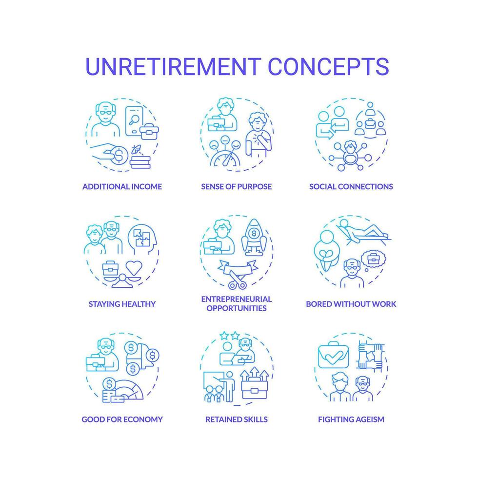 2D gradient icons set representing unretirement concepts, isolated vector, thin line blue illustration. vector