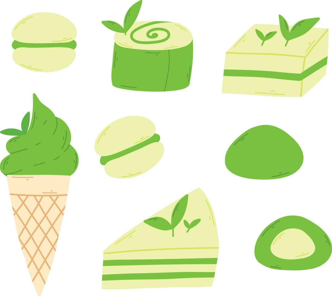 Matcha dessert set. Collection of sweet desserts with green tea and leaves. Vector illustration. Flat style.