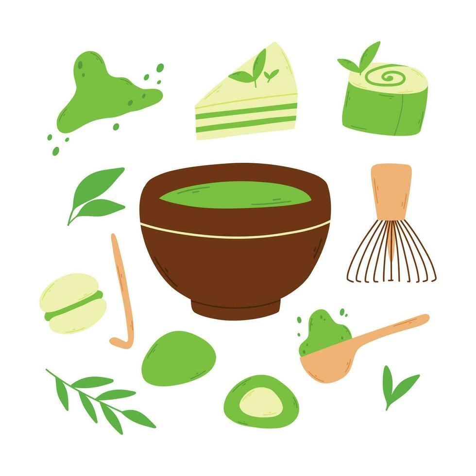 te matcha taza con matcha y hojas de té verde. ilustración vectorial té verde natural. vector