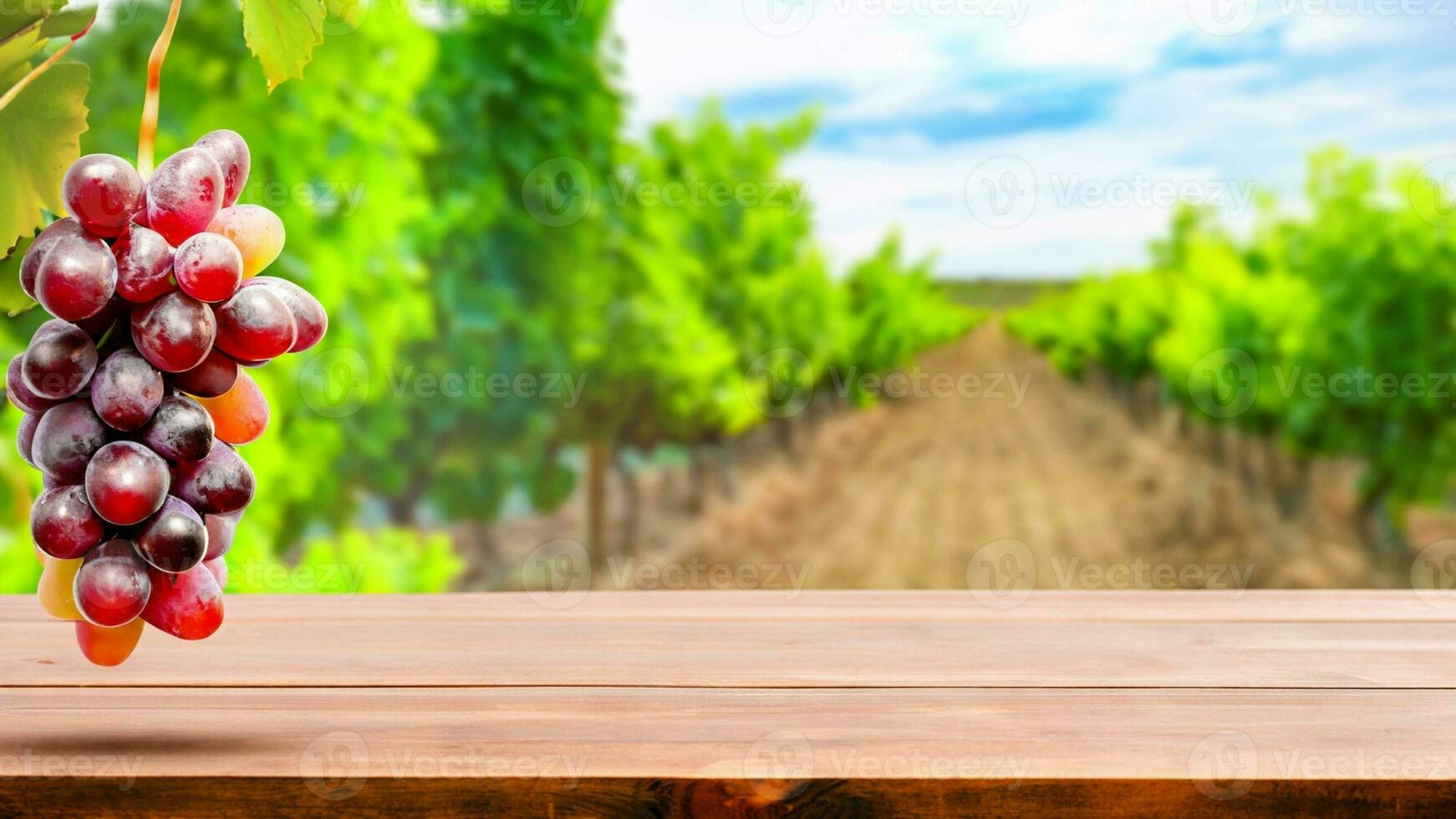 Wooden table with fresh red grapes and free space on nature blurred background, vineyard field. Generated AI. photo
