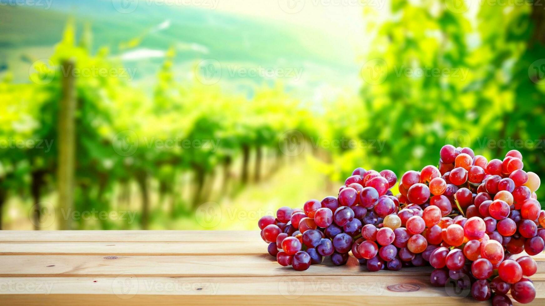 Wooden table with fresh red grapes and free space on nature blurred background, vineyard field. Generated AI. photo