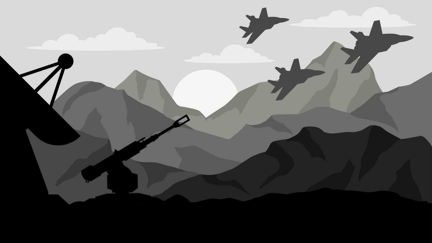 Military landscape vector illustration. Military army with fighter jet and turret defense. Battlefield silhouette landscape for background, wallpaper, display or landing page. Military base landscape