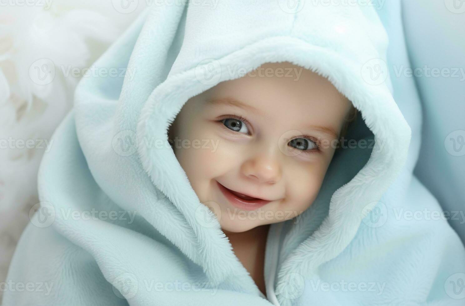 Portrait of a cute little boy on a blue fabric background AI Generated photo