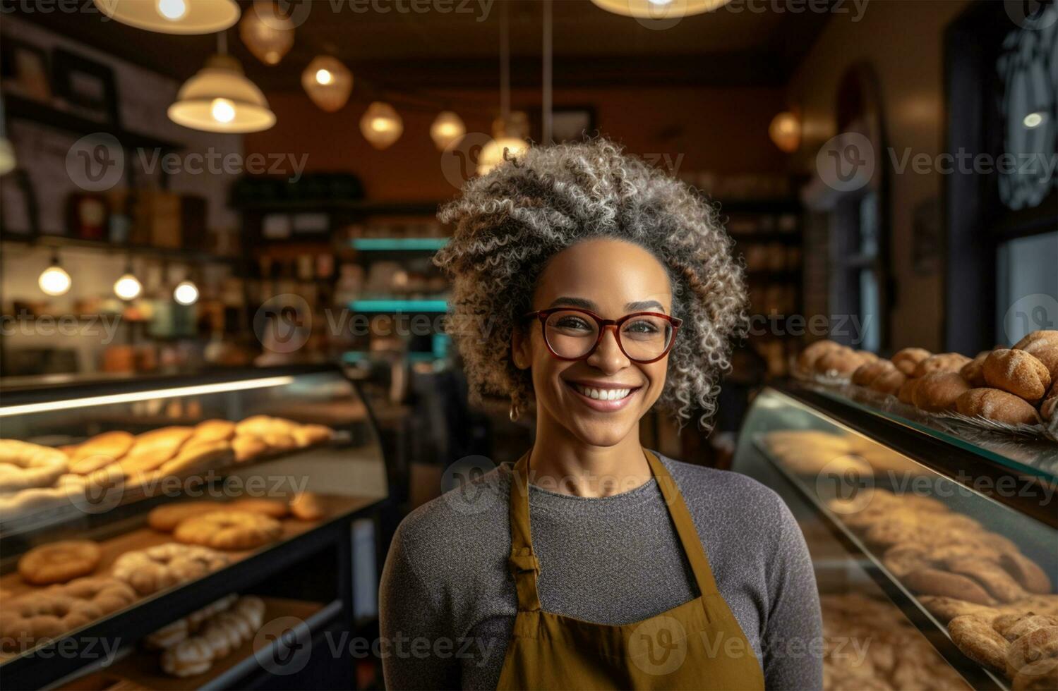 Candid shot of a proud and confident female small business owner of a neighborhood bakery with her baked good Ai Generated photo