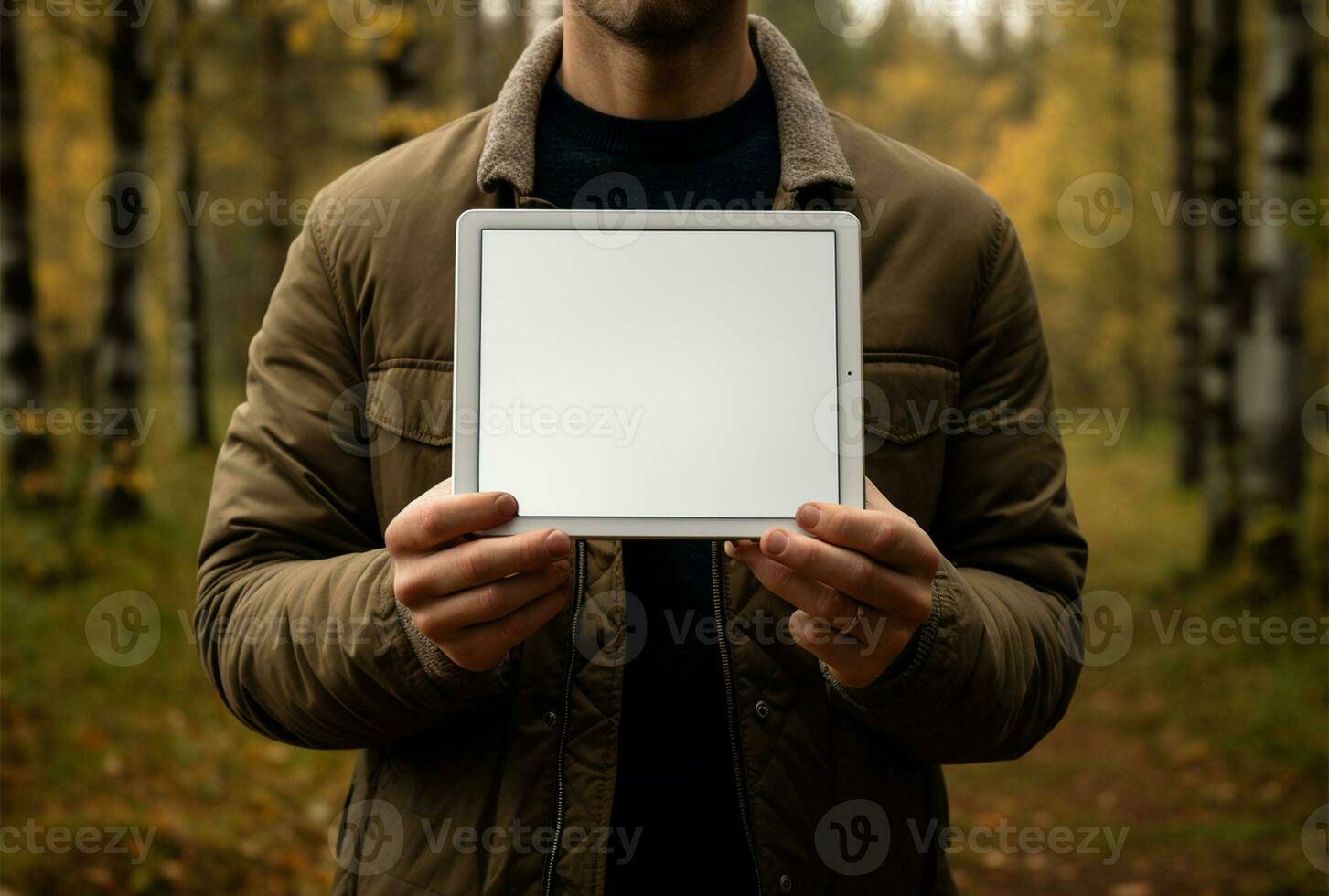 Hands holding a tablet pc with a wooden house in the background AI Generated photo