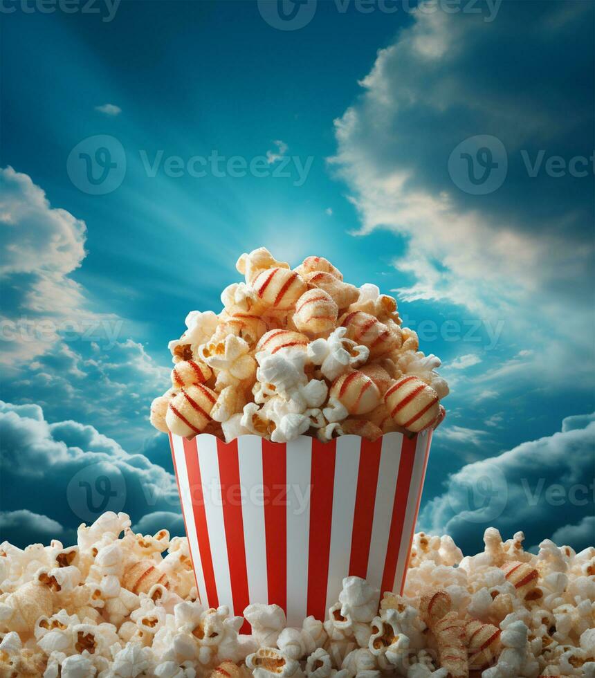 Popcorn with red striped box on blue sky background AI Generated photo