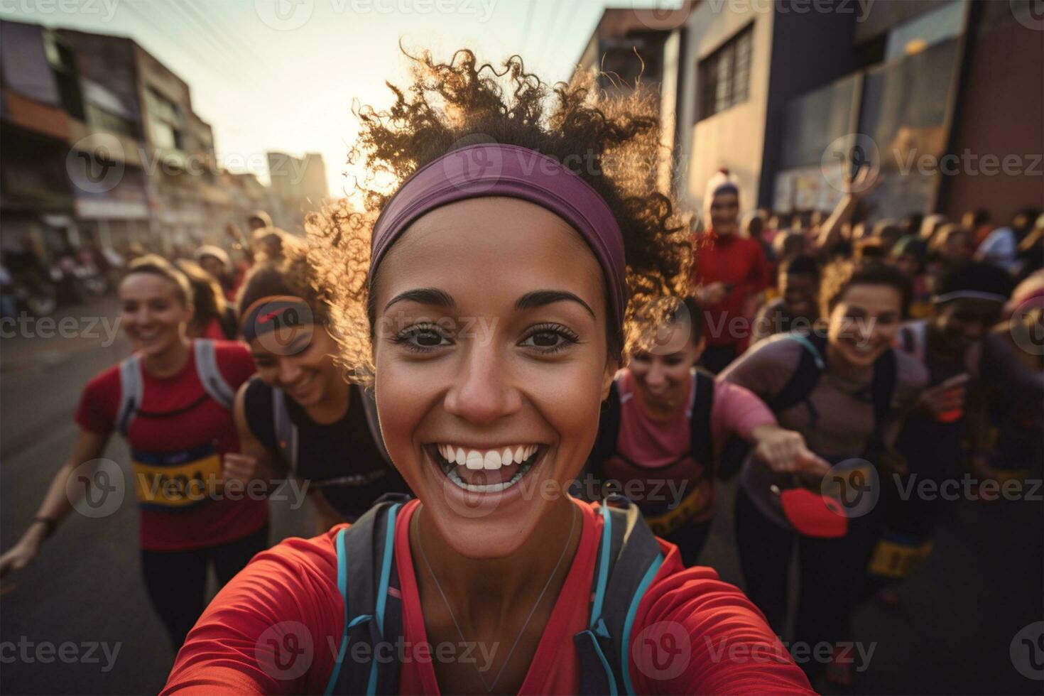 multiethnic group of people running in the city at early morning AI Generated photo