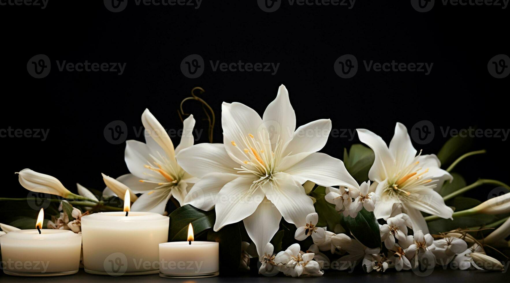 Bouquet of white magnolia flowers with burning candle on black background AI Generated photo