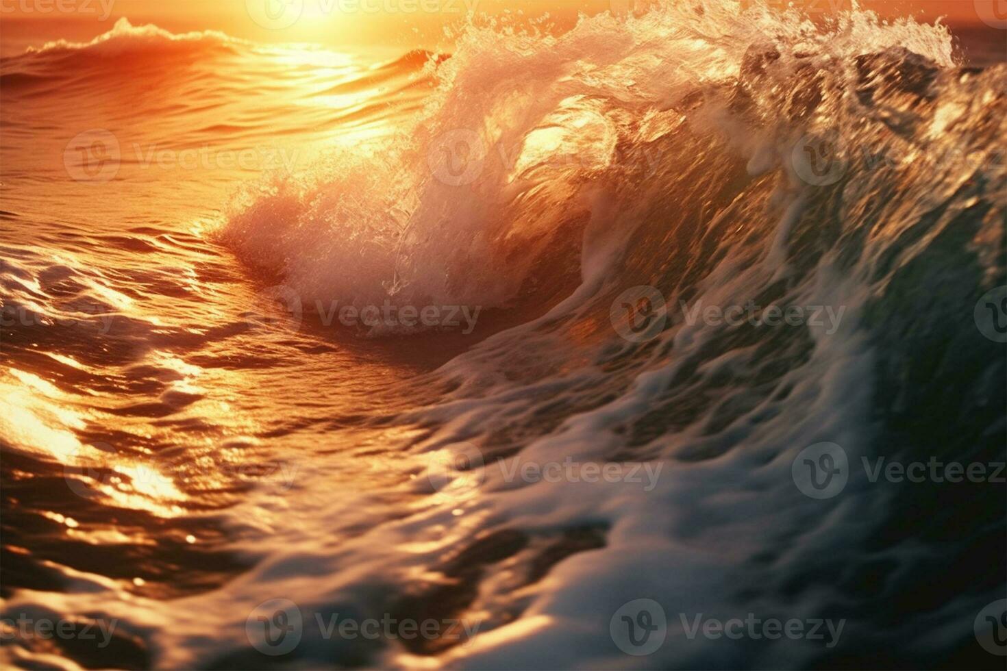 Closeup of ocean breaking waves. Sunset dawn crashing sea break Ai Generated photo