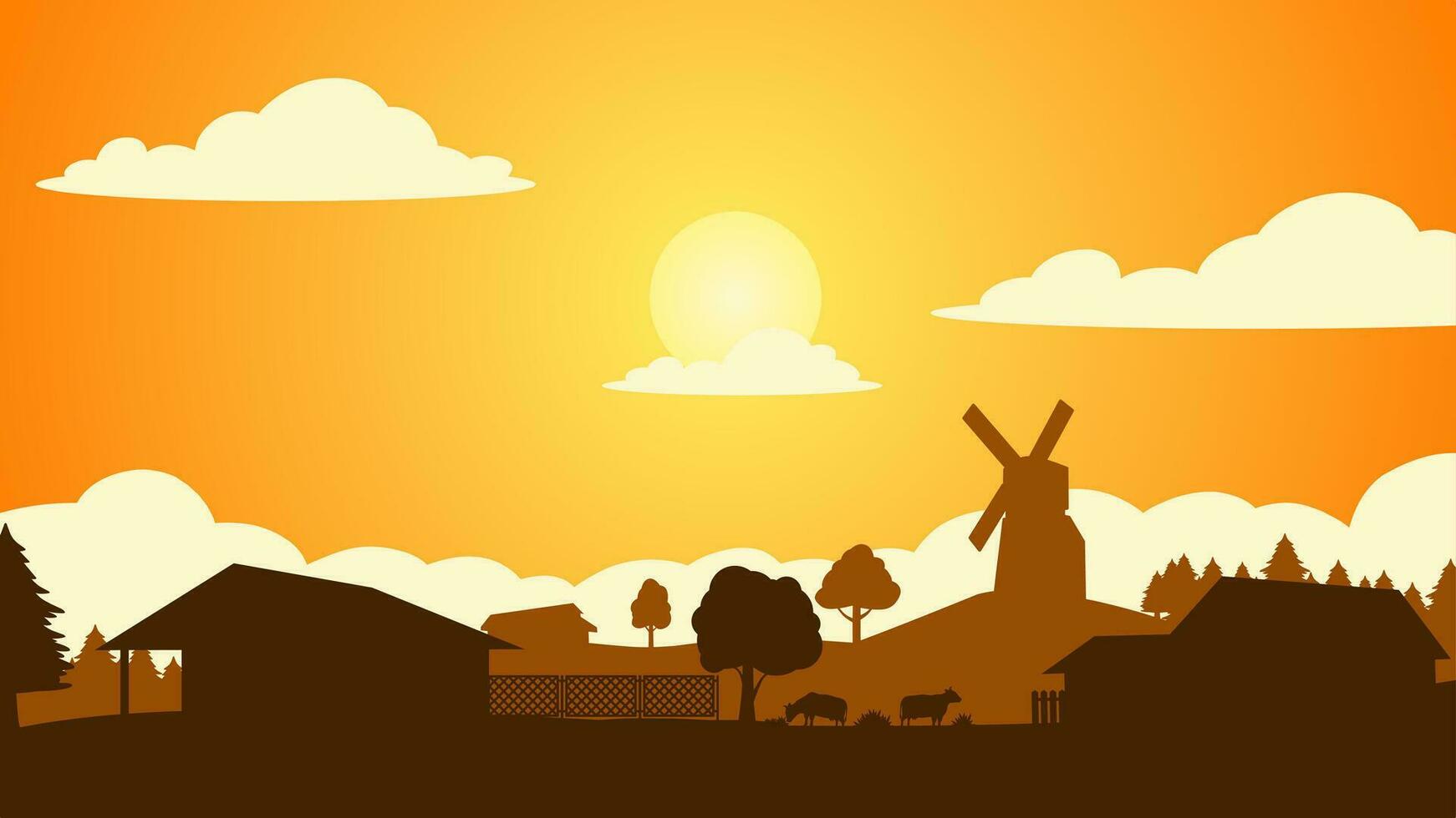 Countryside landscape vector illustration. Farm silhouette landscape with windmill, cow and village. Rural agriculture silhouette landscape for background, wallpaper, display or landing page