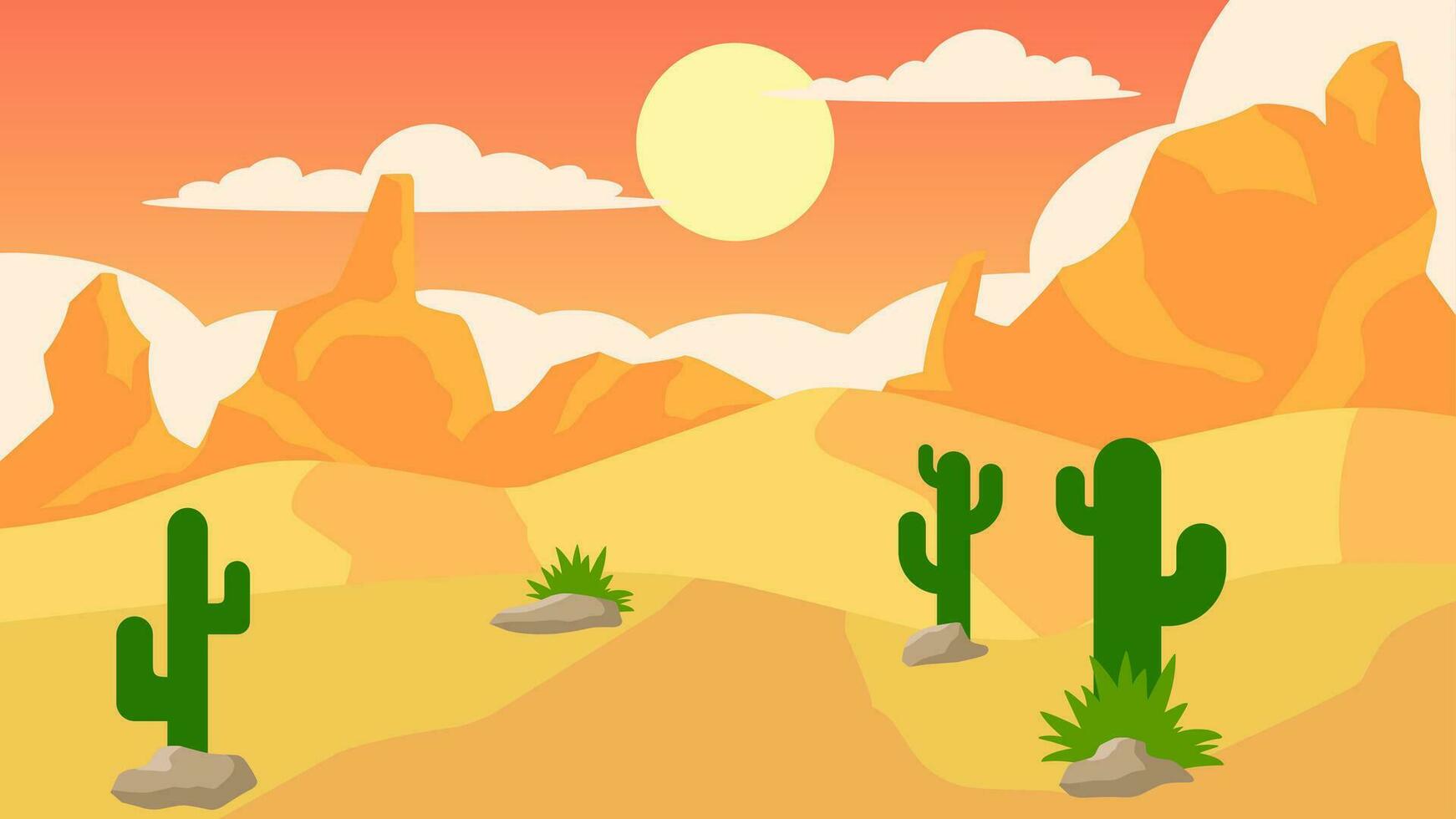 Desert landscape vector illustration. Canyon desert landscape with cactus, ridge and stones. American desert landscape for background, wallpaper, display or landing page. Illustration of wild west