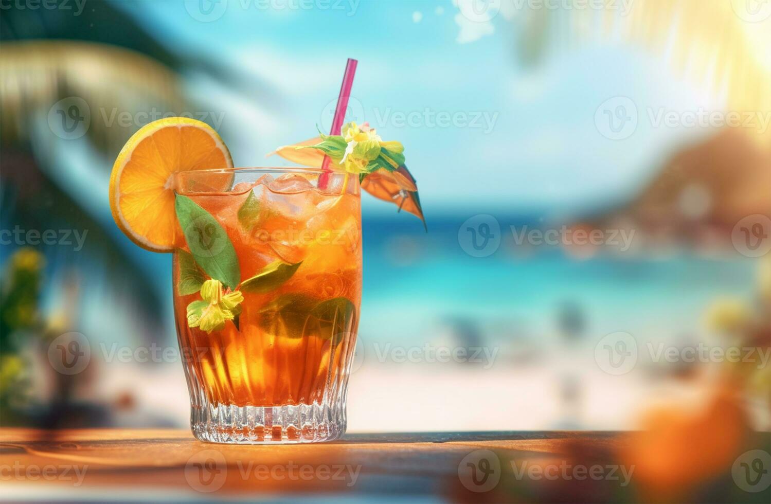 Summer cocktail, refreshing tropical drink, beach background AI Generated photo