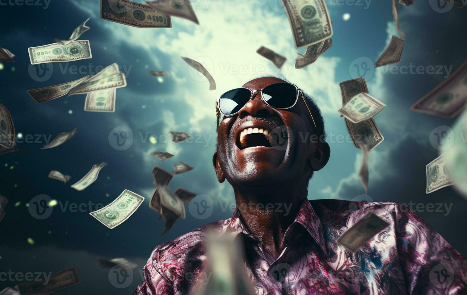 Portrait of a happy African American man with money flying in the air AI Generated photo