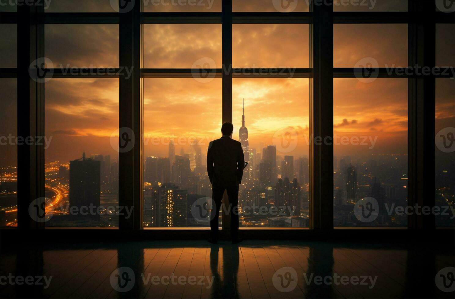 businessman looking at night city from the window, business and success concept AI Generated photo