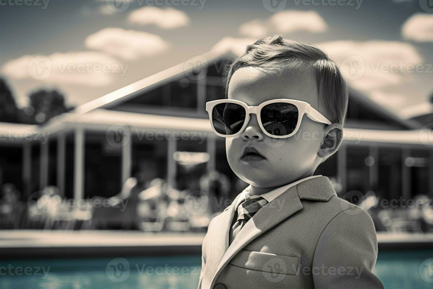 Cute baby with sunglasses in swimming pool. Summer vacation concept AI Generated photo