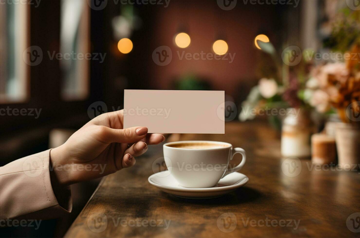 Woman holding business card and cup of coffee in cafe, closeup AI Generated photo