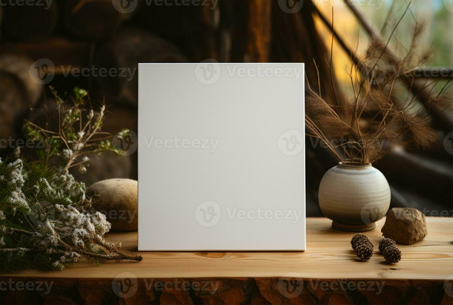 Mock up poster frame on wooden table and gray wall background AI Generated photo