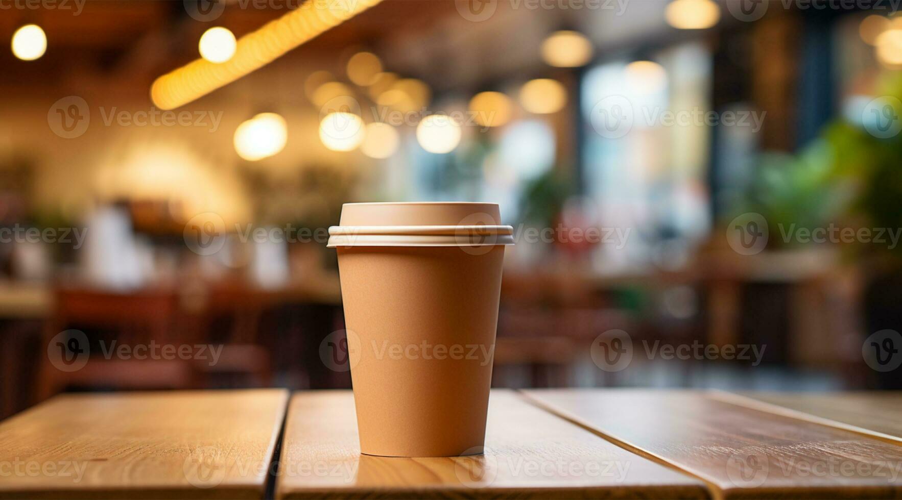 Coffee cup on wooden table in coffee shop, stock photo AI Generated