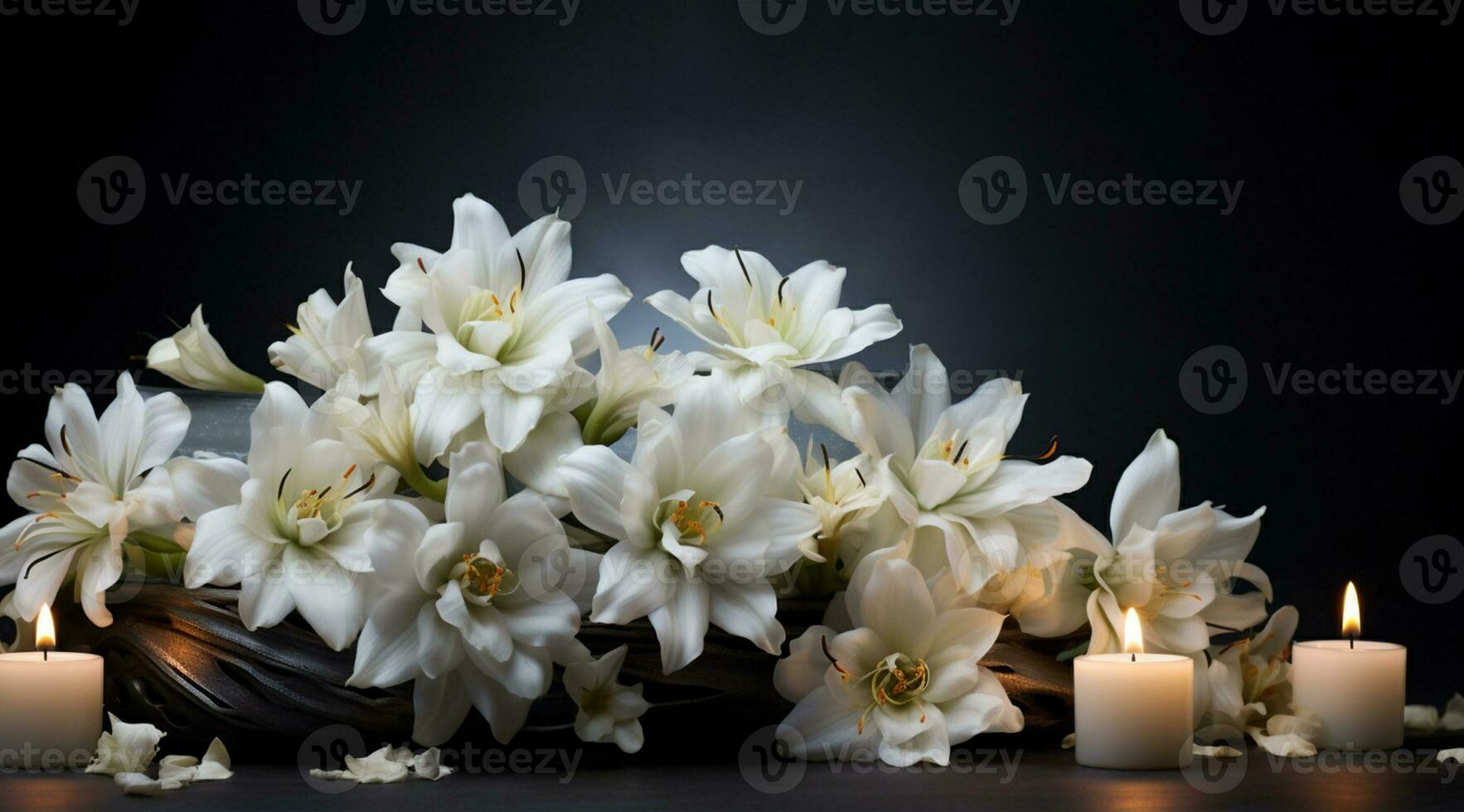 Bouquet of white magnolia flowers with burning candle on black background AI Generated photo