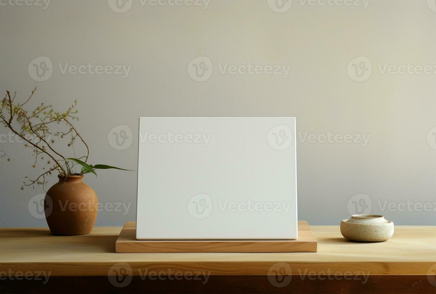 Mock up poster frame on wooden table and gray wall background AI Generated photo