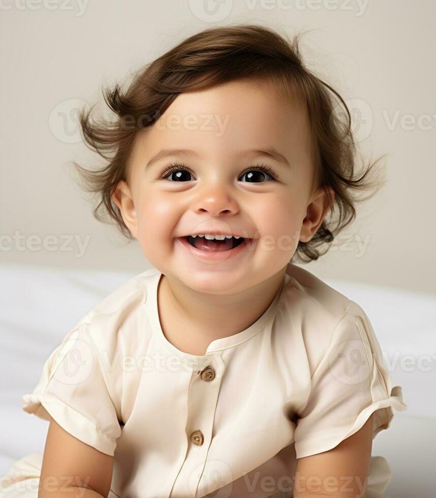 retrato de un linda pequeño bebé en un calentar marrón chaqueta ai generado foto