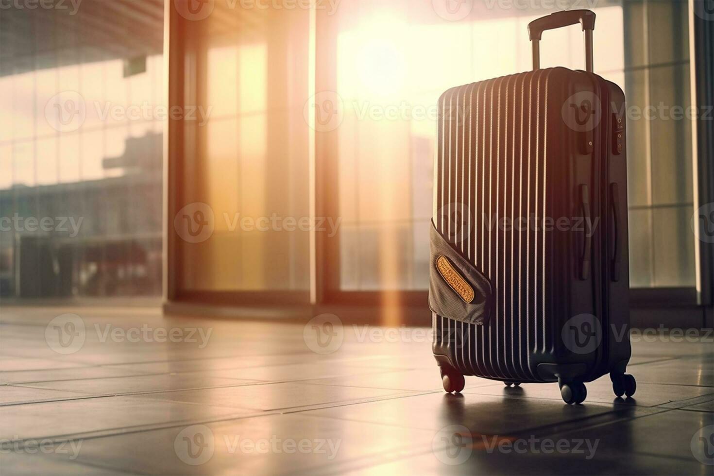 Travel suitcase and jacket at the airport boarding area Ai Generated photo