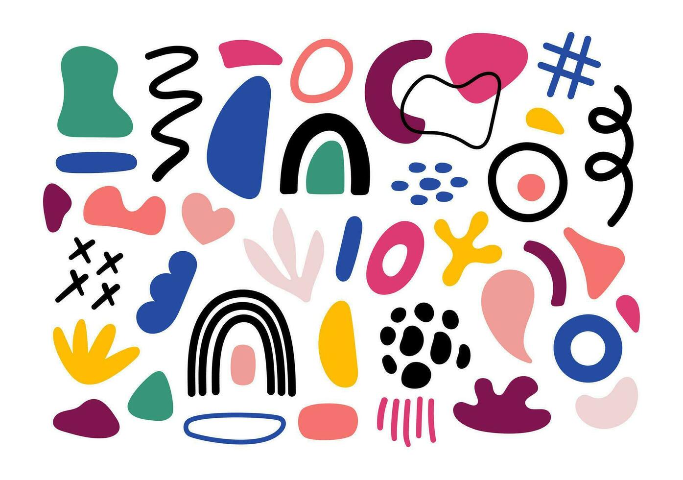 Abstract geometric shapes Collection. Vector Hand drawn various shapes and doodle objects. Abstract contemporary modern style set. Trendy colorful illustration. Stamp texture.