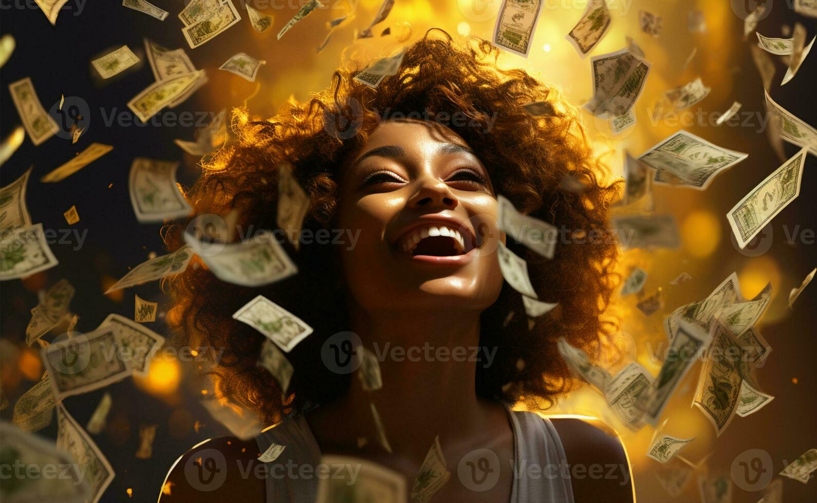 Portrait of a smiling african american woman with dollar bills falling down AI Generated photo
