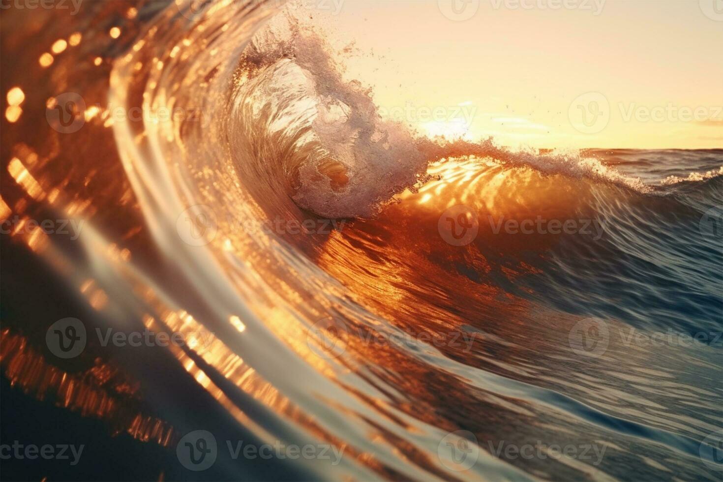 Closeup of ocean breaking waves. Sunset dawn crashing sea break Ai Generated photo