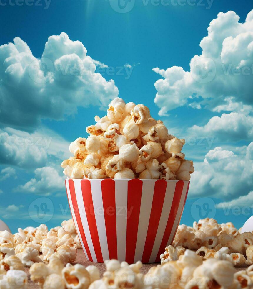 Popcorn with red striped box on blue sky background AI Generated photo