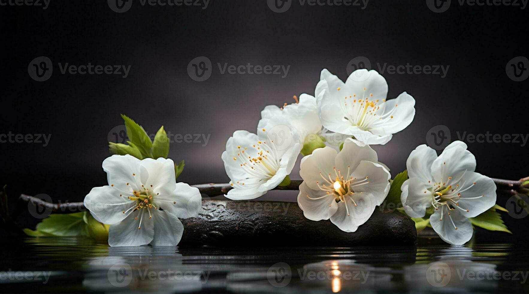 Bouquet of white magnolia flowers with burning candle on black background AI Generated photo