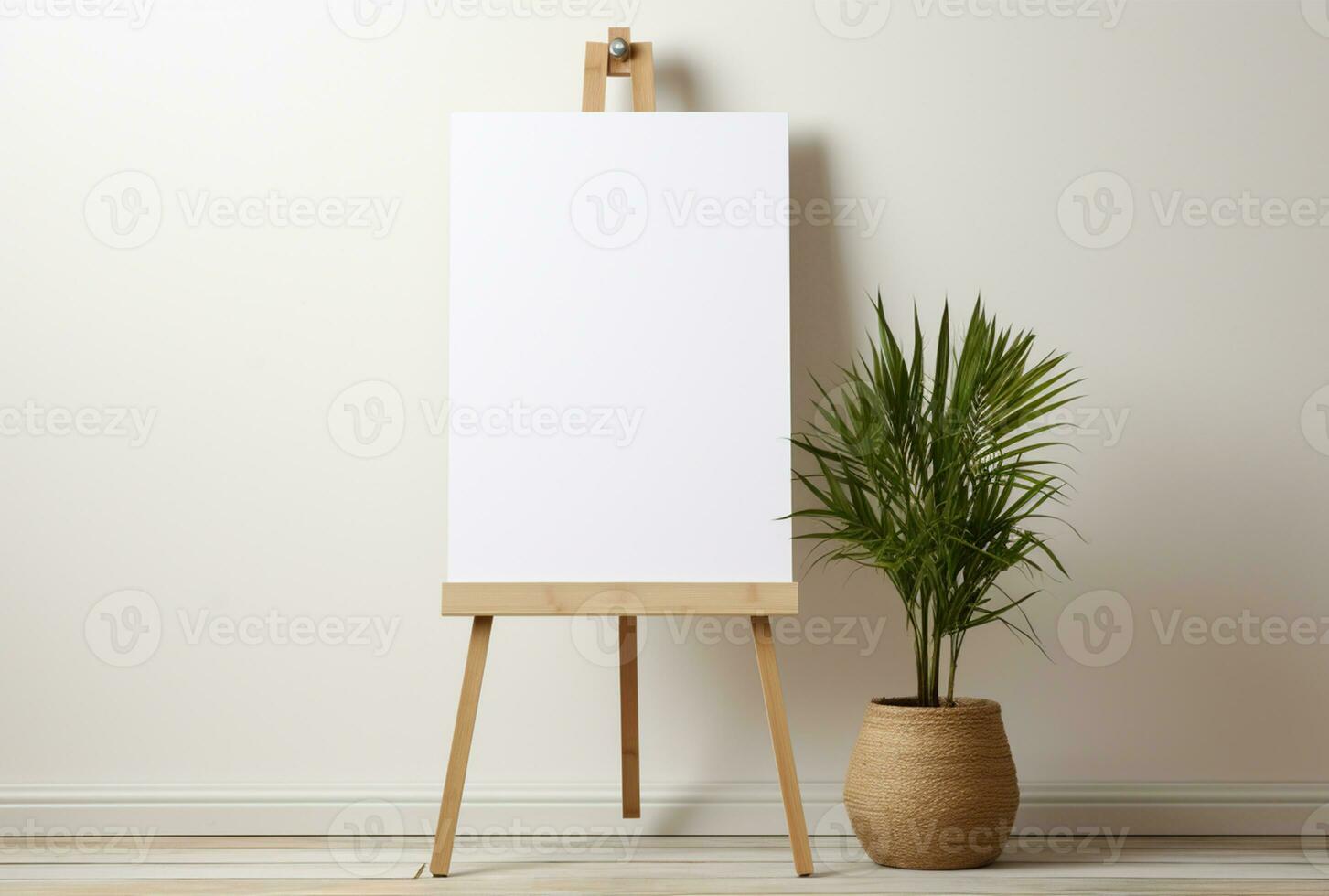 Blank white canvas on easel in the room, stock photo AI Generated