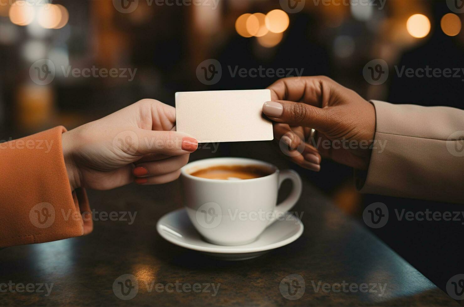 Woman holding business card and cup of coffee in cafe, closeup AI Generated photo