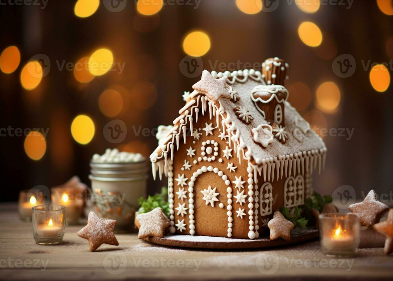gingerbread house on a wooden table with bokeh background AI Generated photo