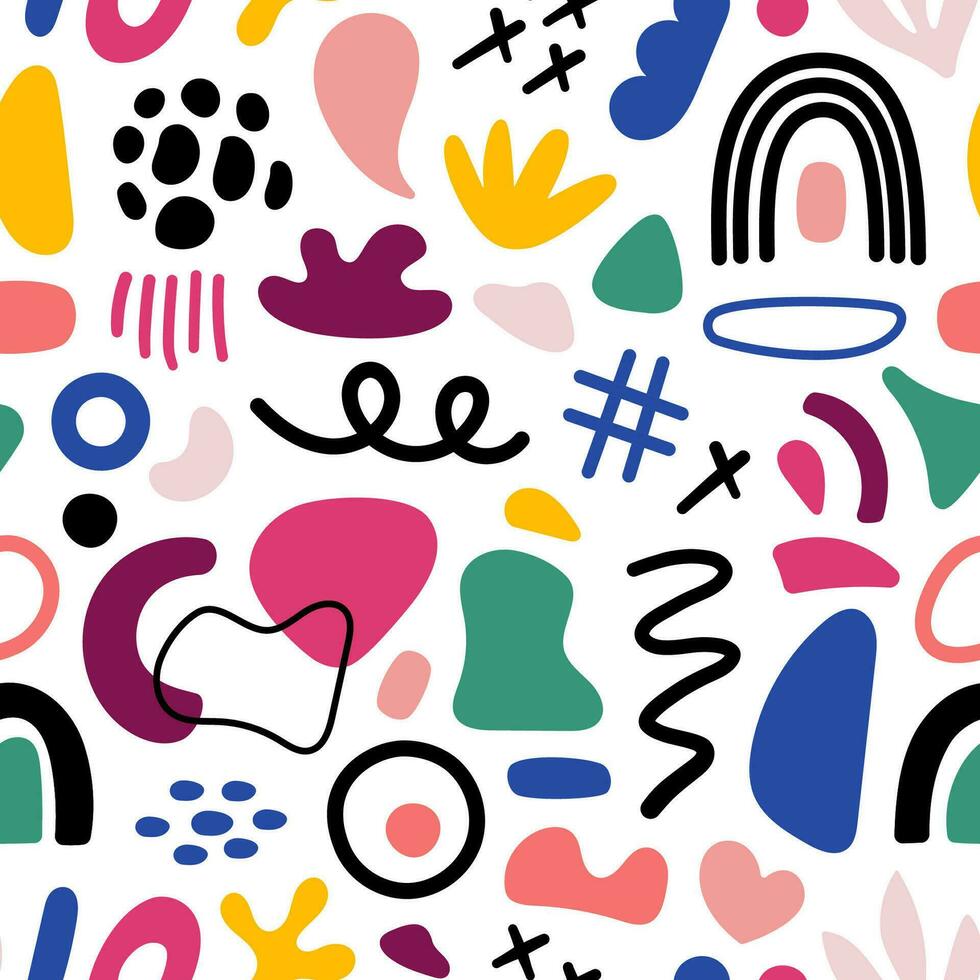 Abstract geometric shapes seamless pattern. Vector Hand drawn various shapes and doodle objects. Abstract contemporary modern style pattern. Trendy colorful illustration. Stamp texture.