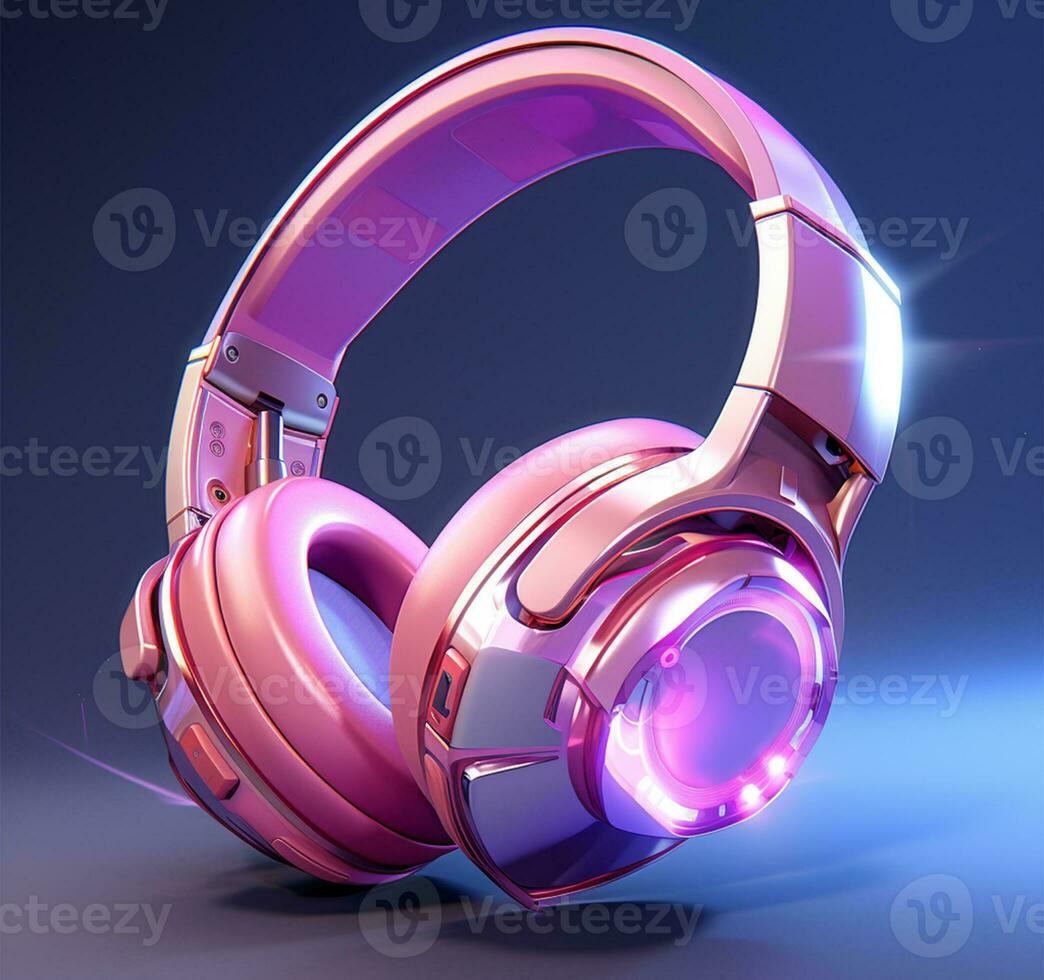rosado auriculares en un azul antecedentes. concepto de música ai generado foto
