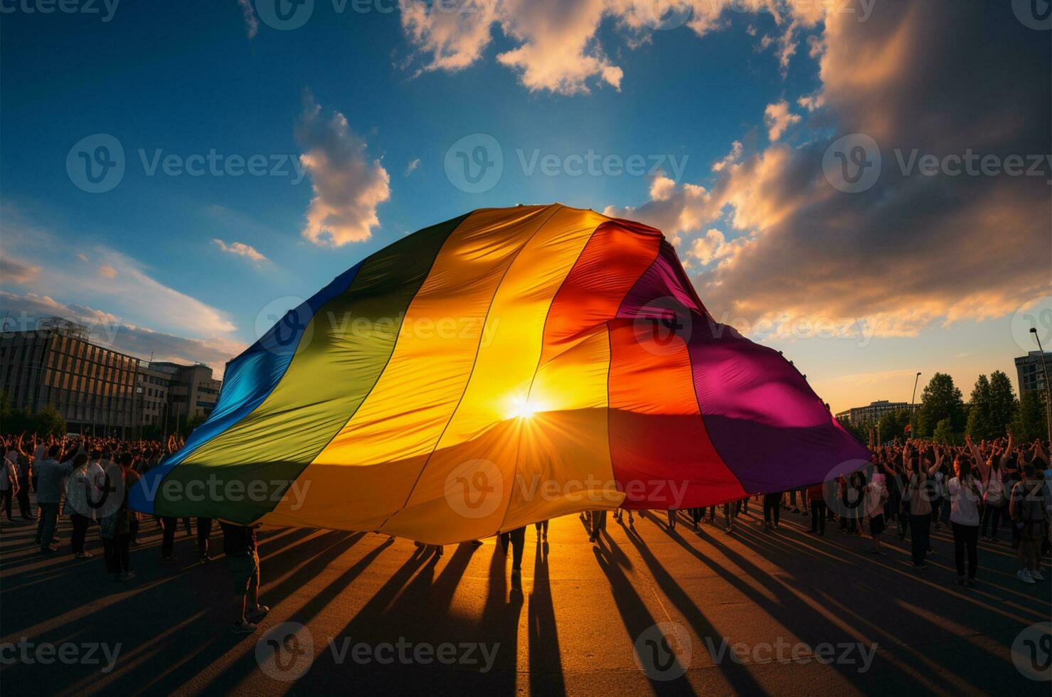 Silhouette of a group of people holding a rainbow flag at sunset AI Generated photo