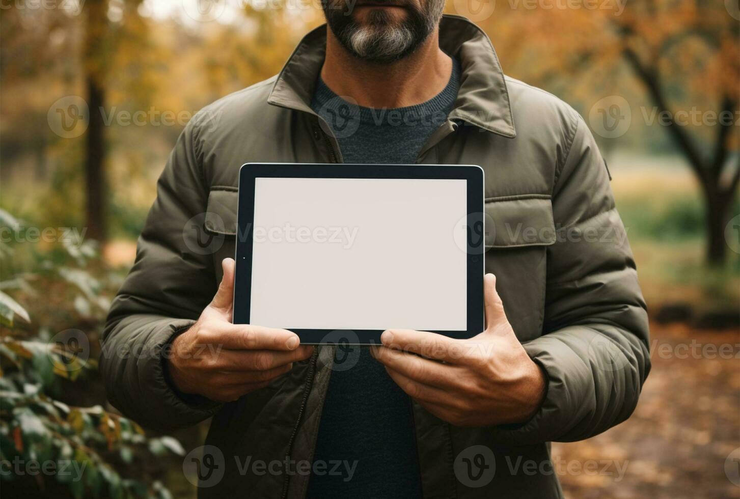 Hands holding a tablet pc with a wooden house in the background AI Generated photo