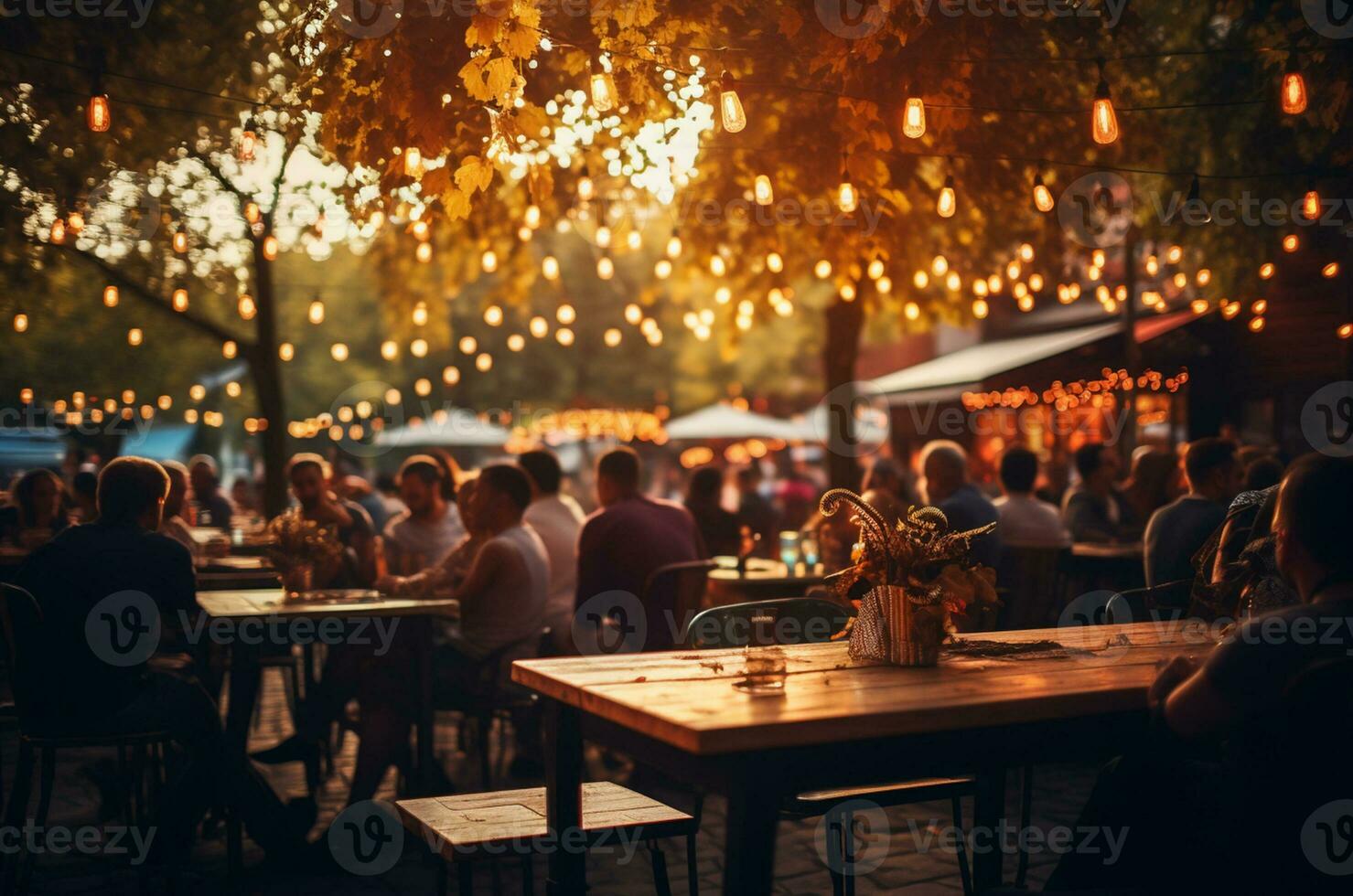 Crowd of people sitting in a pub and drinking beer. Blurred background AI Generated photo