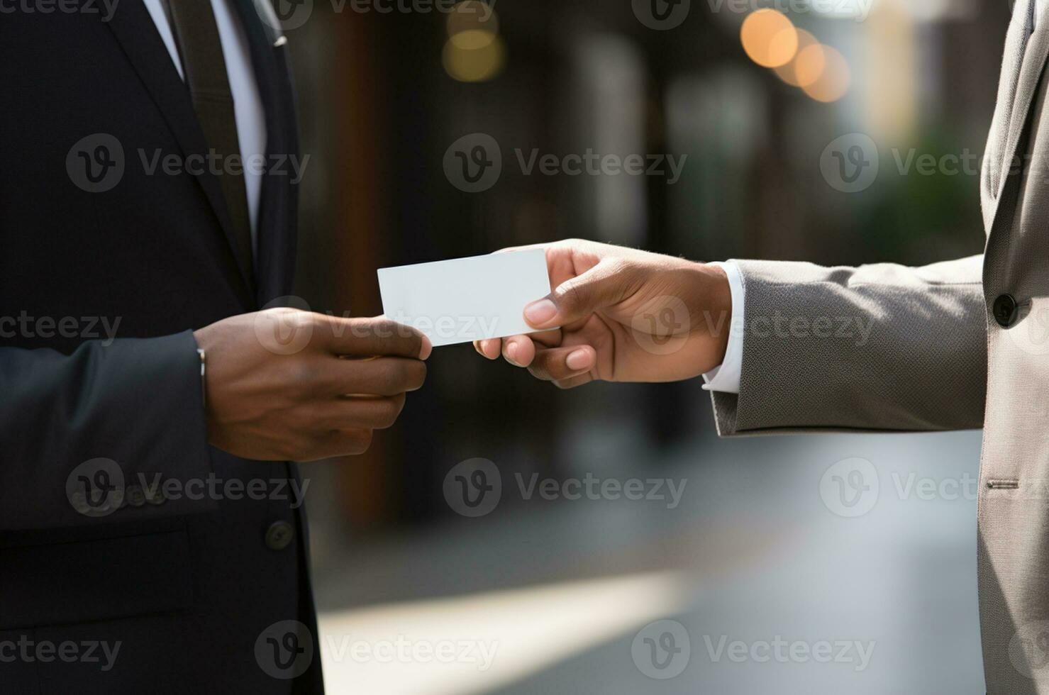 cropped shot of african american businessman giving business card to colleague AI Generated photo